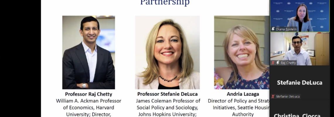 Screenshot of Zoom call with title "Co-creating actionable evidence to advance equity: the Creating Moves to Opportunity experiment" and photos of the speakers. There are 342 participants on the call.